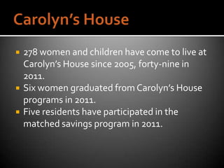    278 women and children have come to live at
    Carolyn’s House since 2005, forty-nine in
    2011.
   Six women graduated from Carolyn’s House
    programs in 2011.
   Five residents have participated in the
    matched savings program in 2011.
 