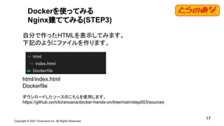 Copyright © 2021 Toranoana Inc. All Rights Reserved.
17
Dockerを使ってみる
Nginx建ててみる(STEP3)
自分で作ったHTMLを表示してみます。
下記のようにファイルを作ります。
html/index.html
Dockerfile
ダウンロードしたソースのこちらを使用します。
https://github.com/toranoana/docker-hands-on/tree/main/step003/sources
 