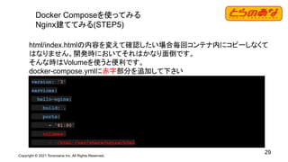 Copyright © 2021 Toranoana Inc. All Rights Reserved.
29
Docker Composeを使ってみる
Nginx建ててみる(STEP5)
html/index.htmlの内容を変えて確認したい場合毎回コンテナ内にコピーしなくて
はなりません。開発時においてそれはかなり面倒です。
そんな時はVolumeを使うと便利です。
docker-compose.ymlに赤字部分を追加して下さい
version: '3'
services:
hello-nginx:
build: .
ports:
- '81:80'
volumes:
- ./html:/usr/share/nginx/html
 
