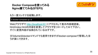Copyright © 2021 Toranoana Inc. All Rights Reserved.
30
Docker Composeを使ってみる
Nginx建ててみる(STEP5)
もう一度コンテナを起動します。
Webブラウザで http://localhost:81 にアクセスして表示内容確認後、
html/index.htmlの内容を変更してブラウザをリロードしてみて下さい。
すぐに変更内容が反映されているはずです。
※Volumeはdockerコマンドでも使用できますがdocker-composeで管理したほ
うが楽にできます。
$ docker-compose up -d
 