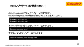 Copyright © 2021 Toranoana Inc. All Rights Reserved.
37
Railsアプリケーション構築(STEP7)
docker-composeでコンテナイメージを作ります。
docker-compose.ymlがあるディレクトリで下記を実行します。
イメージが作成できたらそのイメージを実行します。
下記のコマンドでコンテナ内に入ります
$ docker-compose pull
$ docker-compose build
$ docker-compose up -d
$ docker-compose exec my-app bash
 
