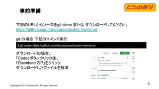 Copyright © 2021 Toranoana Inc. All Rights Reserved.
5
事前準備
下記のURLからソースをgit clone または ダウンロードしてください。
https://github.com/toranoana/docker-hands-on
git の場合 下記のコマンド実行
ダウンロードの場合、
「Code」ボタンクリック後、
「Download ZIP」をクリック
ダウンロードしたファイルを解凍
$ git clone https://github.com/toranoana/docker-hands-on
 