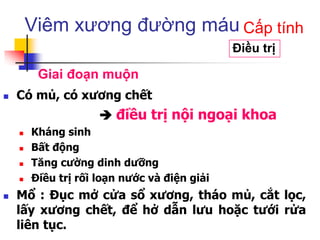 Viêm xương đường máu
 Có mủ, có xương chết
 điều trị nội ngoại khoa
 Kháng sinh
 Bất động
 Tăng cường dinh dưỡng
 Điều trị rối loạn nước và điện giải
 Mổ : Đục mở cửa sổ xương, tháo mủ, cắt lọc,
lấy xương chết, để hở dẫn lưu hoặc tưới rửa
liên tục.
Điều trị
Cấp tính
Giai đoạn muộn
 