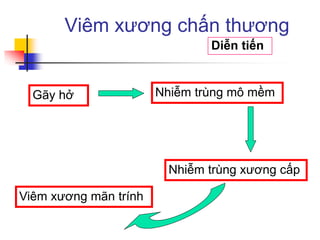 Viêm xương chấn thương
Diễn tiến
Gãy hở Nhiễm trùng mô mềm
Nhiễm trùng xương cấp
Viêm xương mãn trính
 