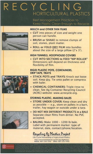 Best Management Practices to
Keep Plastic Clean Enough to Recycle
MULCH and OTHER THIN FILMS
O CUT into pieces of size and weight one
person can handle.
O BRUSH or SHAKE to remove clumps of
soil, stones, plant matter.
o ROLL or FOL" DRY FILM into bundles
about the size of a large pillow (2'x 3').
HIGH TUNNELS, HOOPHOUSE COVERS
o CUT INTO SECTIONS to FEED "NW R LLER"
Dimensions will depend on thickness and
flexibility of film.
RIGID PLASTIC POTS, CONTAINERS,
DRIP TAPE, TRAYS
o STACK POTS and TRAYS: Knock out loose
soil. Keep dry.. Tie onto pallet or compress
with baler.
o CHEMICAL CONTAINERS: Triple rinse to
clean. See Ag Container Recycling Council
(ACRC) website: www.acrecycle.org .
STORING PLASTIC, MAKING BALES
o STORE UNDER COVER: Keep clean and dry
as possible — e.g., store on pallets in a barn,
trailer, hay wagon or outside under a tarp.
o DO NOT MIX DIFFERENT PRODUCTS in a BALE
Separate clean films from dirtier. No PVC
accepted.
• BALING: Make 1000 - 1200 lb bale.
Label with permanent marker: type of
material, date, contact/phone/location.
Rte,y4&41 /1/4Ptivaze4 P
Life Cycle Stewardship of Agricultural Plastics
http://environmentalrisk.cornell.edu/AgPlastics
Mobile: 607-216-7242 Office: 607-255-4765
tie Recycling Ag Plastics Project (RAPP) is developing infrastructure and markets for waste film and rigid plastics from dairy,
11 , elock and horticulture. RAPP is a collaboration of Cornell University with agriculture producers and agriculture, environment,
economic development and solid waste/recycling agencies, organizations and businesses. Funding has come from the NY Farm
Viability Institute, NYS DEC Environmental Protection Fund, US EPA Region 2 Pollution Prevention, NYS Empire State Development
Environmental Services Unit, USDA Rural Utilities Services, NEWMOA, USDA Hatch/Smith-Lever. The recommendations expressed in this
material are solely the responsibility of the authors and do not necessarily represent the official views of any, of .these agencies.
• -	
.	 ,	 .	 .	 .
 
