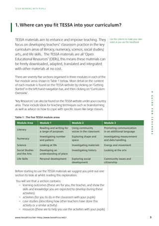 3
TESSA WORKING WITH PUPILS
AGUIDEFORTEACHERS
1. Where can you fit TESSA into your curriculum?
TESSA materials aim to enhance and improve teaching. They
focus on developing teachers’ classroom practice in the key
curriculum areas of literacy, numeracy, science, social studies/
arts, and life skills. The TESSA materials are all ‘Open
Educational Resources’ (OERs), this means these materials can
be freely downloaded, adapted, translated and integrated
with other materials at no cost.
There are seventy-five sections organised in three modules in each of the
five module areas shown in Table 1 below. More detail on the content
of each module is found on the TESSA website by clicking on ‘Getting
Started’ in the left-hand navigation bar, and then clicking on ‘Curriculum
Overview’.
‘Key Resources’ can also be found on the TESSA website under your country
area. These include ideas for teaching techniques such as brainstorming
as well as advice on how to cope with specific issues like large classes.
Table 1: The five TESSA module areas
Module Area
Literacy
Numeracy
Science
Social Studies
and the Arts
Life Skills
Module 1
Reading and writing for
a range of purposes
Investigating number
and pattern
Looking at life
Developing an
understanding of place
Personal development
Module 2
Using community
voices in the classroom
Exploring shape and
space
Investigating materials
Investigating history
Exploring social
development
Module 3
Promoting communication
in an additional language
Investigating measurement
and data handling
Energy and movement
Looking at the arts
Community issues and
citizenship
Before starting to use the TESSA materials we suggest you print out one
section to look at whilst reading this explanation.
You will see that a section contains:
– learning outcomes (these are for you, the teacher, and show the
skills and knowledge you are expected to develop during these
activities)
– activities (for you to do in the classroom with your pupils)
– case studies (describing how other teachers have done this
activity or a similar activity)
– resources (these are to help you use the activities with your pupils)
www.tessafrica.net <http://www.tessafrica.net/>
Use this column to make your own
notes as you use this handbook
 