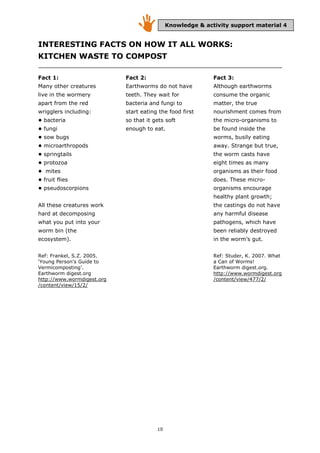 10
INTERESTING FACTS ON HOW IT ALL WORKS:
KITCHEN WASTE TO COMPOST
Fact 1:
Many other creatures
live in the wormery
apart from the red
wrigglers including:
• bacteria
• fungi
• sow bugs
• microarthropods
• springtails
• protozoa
• mites
• fruit flies
• pseudoscorpions
All these creatures work
hard at decomposing
what you put into your
worm bin (the
ecosystem).
Ref: Frankel, S.Z. 2005.
‘Young Person's Guide to
Vermicomposting’.
Earthworm digest.org
http://www.wormdigest.org
/content/view/15/2/
Fact 2:
Earthworms do not have
teeth. They wait for
bacteria and fungi to
start eating the food first
so that it gets soft
enough to eat.
Fact 3:
Although earthworms
consume the organic
matter, the true
nourishment comes from
the micro-organisms to
be found inside the
worms, busily eating
away. Strange but true,
the worm casts have
eight times as many
organisms as their food
does. These micro-
organisms encourage
healthy plant growth;
the castings do not have
any harmful disease
pathogens, which have
been reliably destroyed
in the worm’s gut.
Ref: Studer, K. 2007. What
a Can of Worms!
Earthworm digest.org.
http://www.wormdigest.org
/content/view/477/2/
Knowledge & activity support material 4
 