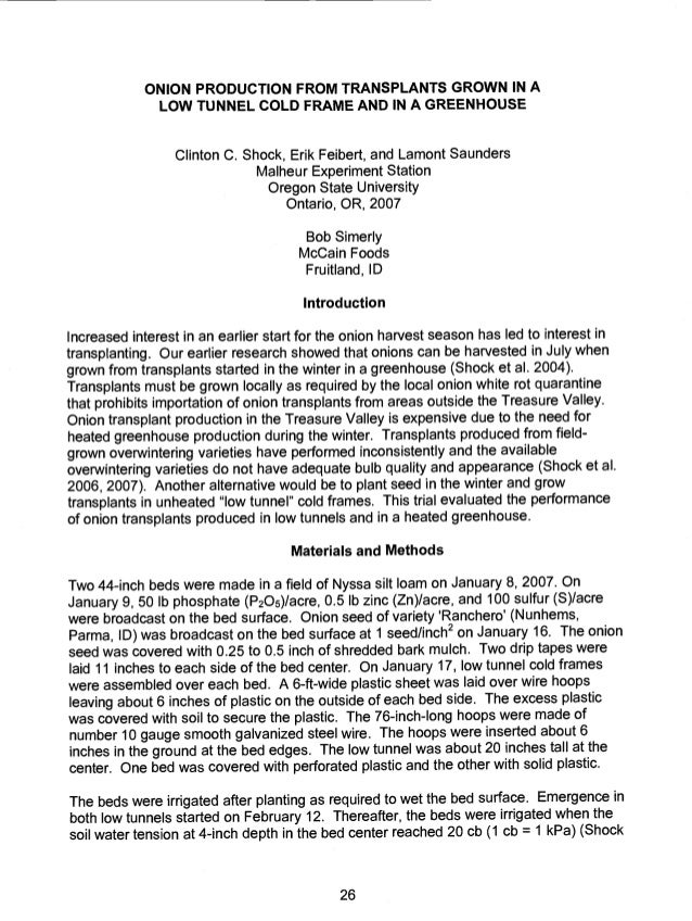Onion Production from Transplants Grown in a Low Tunnel Cold Frame