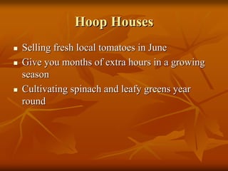 Hoop HousesHoop Houses
Selling fresh local tomatoes in JuneSelling fresh local tomatoes in June
Give you months of extra hours in a growingGive you months of extra hours in a growing
seasonseason
Cultivating spinach and leafy greens yearCultivating spinach and leafy greens year
roundround
 