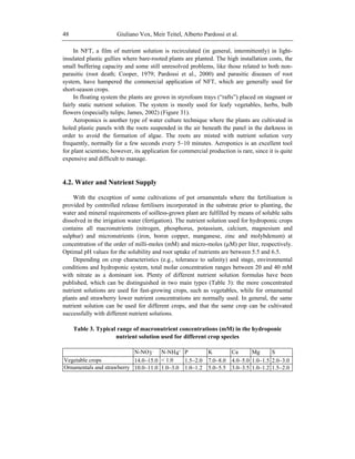 Giuliano Vox, Meir Teitel, Alberto Pardossi et al.48
In NFT, a film of nutrient solution is recirculated (in general, intermittently) in light-
insulated plastic gullies where bare-rooted plants are planted. The high installation costs, the
small buffering capacity and some still unresolved problems, like those related to both non-
parasitic (root death; Cooper, 1979; Pardossi et al., 2000) and parasitic diseases of root
system, have hampered the commercial application of NFT, which are generally used for
short-season crops.
In floating system the plants are grown in styrofoam trays (―rafts‖) placed on stagnant or
fairly static nutrient solution. The system is mostly used for leafy vegetables, herbs, bulb
flowers (especially tulips; James, 2002) (Figure 31).
Aeroponics is another type of water culture technique where the plants are cultivated in
holed plastic panels with the roots suspended in the air beneath the panel in the darkness in
order to avoid the formation of algae. The roots are misted with nutrient solution very
frequently, normally for a few seconds every 5–10 minutes. Aeroponics is an excellent tool
for plant scientists; however, its application for commercial production is rare, since it is quite
expensive and difficult to manage.
4.2. Water and Nutrient Supply
With the exception of some cultivations of pot ornamentals where the fertilisation is
provided by controlled release fertilisers incorporated in the substrate prior to planting, the
water and mineral requirements of soilless-grown plant are fulfilled by means of soluble salts
dissolved in the irrigation water (fertigation). The nutrient solution used for hydroponic crops
contains all macronutrients (nitrogen, phosphorus, potassium, calcium, magnesium and
sulphur) and micronutrients (iron, boron copper, manganese, zinc and molybdenum) at
concentration of the order of milli-moles (mM) and micro-moles ( M) per liter, respectively.
Optimal pH values for the solubility and root uptake of nutrients are between 5.5 and 6.5.
Depending on crop characteristics (e.g., tolerance to salinity) and stage, environmental
conditions and hydroponic system, total molar concentration ranges between 20 and 40 mM
with nitrate as a dominant ion. Plenty of different nutrient solution formulas have been
published, which can be distinguished in two main types (Table 3): the more concentrated
nutrient solutions are used for fast-growing crops, such as vegetables, while for ornamental
plants and strawberry lower nutrient concentrations are normally used. In general, the same
nutrient solution can be used for different crops, and that the same crop can be cultivated
successfully with different nutrient solutions.
Table 3. Typical range of macronutrient concentrations (mM) in the hydroponic
nutrient solution used for different crop species
N-NO3- N-NH4+ P K Ca Mg S
Vegetable crops 14.0–15.0 < 1.0 1.5–2.0 7.0–8.0 4.0–5.0 1.0–1.5 2.0–3.0
Ornamentals and strawberry 10.0–11.0 1.0–3.0 1.0–1.2 5.0–5.5 3.0–3.5 1.0–1.2 1.5–2.0
 