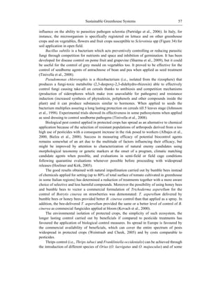 Sustainable Greenhouse Systems 57
influence on the ability to parasitize pathogen sclerotia (Partridge et al., 2006). In Italy, for
instance, the microorganism is specifically registered on lettuce and on other greenhouse
crops and on vegetables, flowers and fruit crops susceptible to Sclerotinia spp (Figure 34) for
soil application in open field.
Bacillus subtilis is a bacterium which acts preventively controlling or reducing parasitic
fungi through competition for nutrients and space and inhibition of germination. It has been
developed for disease control on pome fruit and grapevine (Sharma et al., 2009), but it could
be useful for the control of grey mould on vegetables too. It proved to be effective for the
control of seedborne agents of antrachnose of bean and pea when applied as seed treatment
(Tinivella et al., 2008).
Pseudomonas chlororaphis is a rhizobacterium (i.e., isolated from the rizosphere) that
produces a fungi-toxic metabolite (2,3-deepoxy-2,3-didehydro-rhizoxin) able to effectively
control fungi causing take-all on cereals thanks to antibiosis and competition mechanisms
(production of siderophores which make iron unavailable for pathogens) and resistance
induction (increased synthesis of phytoalexin, poliphenols and other compounds inside the
plant) and it can produce substances similar to hormones. When applied to seeds the
bacterium multiplies assuring a long lasting protection on cereals till 5 leaves stage (Johnsson
et al., 1998). Experimental trials showed its effectiveness in some pathosystems when applied
as seed dressing to control seedborne pathogens (Tinivella et al., 2008).
Biological pest control applied in protected crops has spread as an alternative to chemical
application because of the selection of resistant populations of arthropods derived from a too
high use of pesticides with a consequent increase in the risk posed to workers (Albajes et al.,
2000, Bielza et al., 2008). Success in measuring efficacy of potential biocontrol agents
remains somewhat of an art due to the multitude of factors influencing their efficacy, but
might be improved by attention to characterization of natural enemy candidates using
morphological taxonomy or genetic markers at the onset of a program, climatic matching
candidate agents when possible, and evaluations in semi-field or field cage conditions
following quarantine evaluations whenever possible before proceeding with widespread
releases (Hoelmer and Kirk, 2005).
The good results obtained with natural impollination carried out by bumble bees instead
of chemicals applied for setting (up to 80% of total surface of tomato cultivated in greenhouse
in some Italian regions) has determined a reduction of treatments together with a more aware
choice of selective and less harmful compounds. Moreover the possibility of using honey bees
and bumble bees to vector a commercial formulation of Trichoderma asperellum for the
control of Botrytis cinerea on strawberries was demonstated: T. asperellum delivered by
bumble bees or honey bees provided better B. cinerea control than that applied as a spray. In
addition, the bee-delivered T. asperellum provided the same or a better level of control of B.
cinerea as commercial fungicides applied at bloom (Kovach et al., 2000).
The environmental isolation of protected crops, the simplicity of such ecosystem, the
longer lasting control carried out by beneficials if compared to pesticide treatments has
favoured the application of biological control measures. Its spread in Europe is favoured by
the commercial availability of beneficials, which can cover the entire spectrum of pests
widespread in protected crops (Weintraub and Cheek, 2005) and by costs comparable to
pesticides.
Thrips control (i.e., Thrips tabaci and Frankliniella occidentalis) can be achieved through
the introduction of different species of Orius (O. laevigatus and O. majusculus) and of some
 