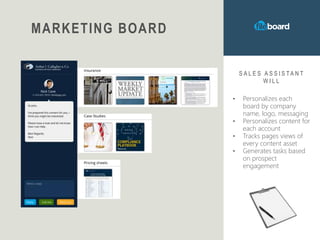 MARKETING BOARD
S A L E S A S S I S T A N T
W I L L
• Personalizes each
board by company
name, logo, messaging
• Personalizes content for
each account
• Tracks pages views of
every content asset
• Generates tasks based
on prospect
engagement
 