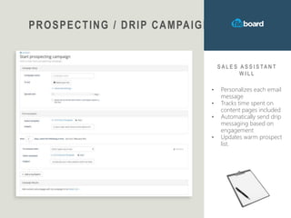 PROSPECTING / DRIP CAMPAIGNS
S A L E S A S S I S T A N T
W I L L
• Personalizes each email
message
• Tracks time spent on
content pages included
• Automatically send drip
messaging based on
engagement
• Updates warm prospect
list.
 