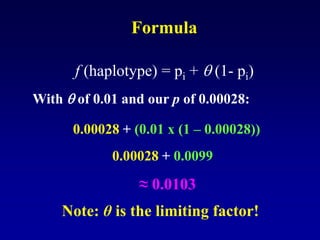 f (haplotype) = pi + q (1- pi)
Formula
Note: θ is the limiting factor!
With q of 0.01 and our p of 0.00028:
0.00028 + (0.01 x (1 – 0.00028))
0.00028 + 0.0099
≈ 0.0103
 