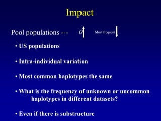 q
Pool populations ---
Impact
• US populations
• Intra-individual variation
• Most common haplotypes the same
• What is the frequency of unknown or uncommon
haplotypes in different datasets?
• Even if there is substructure
Most frequent
 