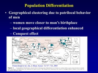 Population Differentiation
• Geographical clustering due to patrilocal behavior
of men
– women move closer to man’s birthplace
– local geographical differentiation enhanced
– Conquest effect
From Zerjal et al. Am. J. Hum. Genet. 72:717–721, 2003
 