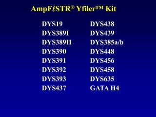 DYS19
DYS389I
DYS389II
DYS390
DYS391
DYS392
DYS393
DYS437
AmpFlSTR® Yfiler™ Kit
DYS438
DYS439
DYS385a/b
DYS448
DYS456
DYS458
DYS635
GATA H4
 
