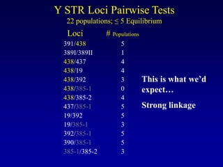 391/438
389I/389II
438/437
438/19
438/392
438/385-1
438/385-2
437/385-1
19/392
19/385-1
392/385-1
390/385-1
385-1/385-2
Loci
5
1
4
4
3
0
4
5
5
3
5
5
3
# Populations
Y STR Loci Pairwise Tests
22 populations; ≤ 5 Equilibrium
This is what we’d
expect…
Strong linkage
 