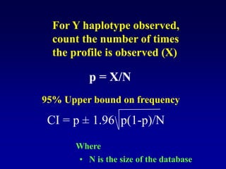 CI = p ± 1.96 p(1-p)/N
For Y haplotype observed,
count the number of times
the profile is observed (X)
p = X/N
95% Upper bound on frequency
Where
• N is the size of the database
 