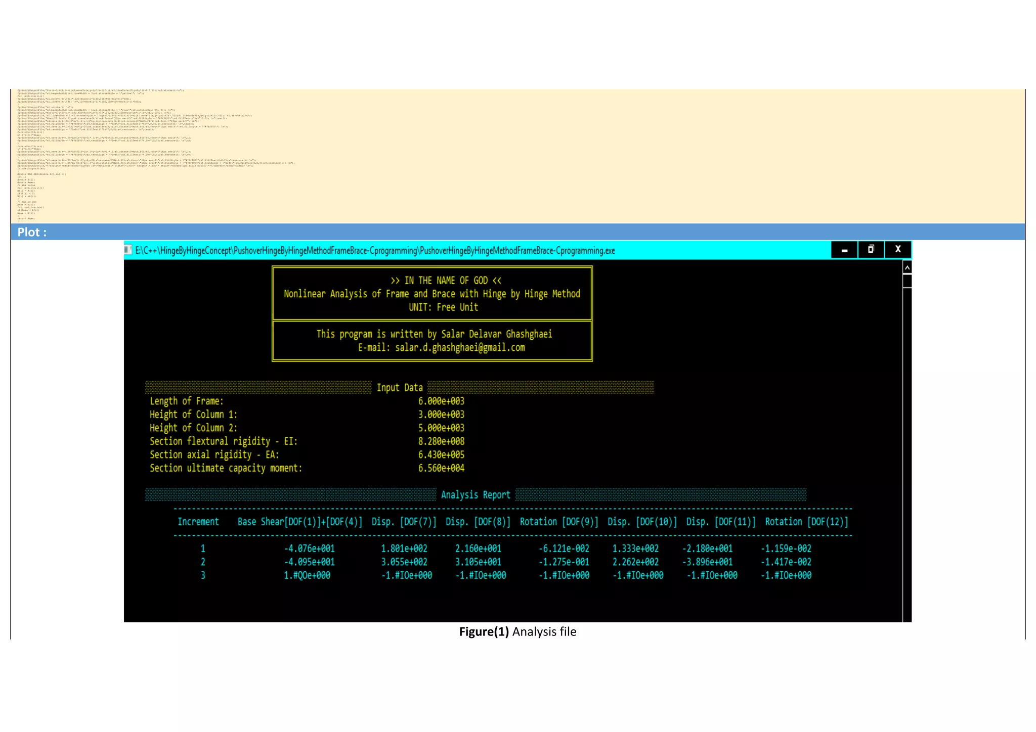 fprintf(OutputFile,"for(i=0;i<9;i++){s3.moveTo(x,y+Ly*(i+1)*.1);s3.lineTo(x+10,y+Ly*(i+1)*.1);};s3.stroke();n");
fprintf(OutputFile,"s1.beginPath();s1.lineWidth = 3;s1.strokeStyle = "yellow"; n");
for (i=0;i<n;i++){
fprintf(OutputFile,"s1.moveTo(%f,%f);",120+NorX[i]*1100,100+500-NorY[i]*500);
fprintf(OutputFile,"s1.lineTo(%f,%f); n",120+NorX[i+1]*1100,100+500-NorY[i+1]*500);
}
fprintf(OutputFile,"s1.stroke(); n");
fprintf(OutputFile,"s2.beginPath();s2.lineWidth = 1;s2.strokeStyle = "cyan";s2.setLineDash([5, 5]); n");
fprintf(OutputFile,"for(i=0;i<19;i++){s2.moveTo(x+Lx*(i+1)*.05,y);s2.lineTo(x+Lx*(i+1)*.05,y+Ly);} n");
fprintf(OutputFile,"s2.lineWidth = 1;s2.strokeStyle = "cyan";for(i=0;i<19;i++){s2.moveTo(x,y+Ly*(i+1)*.05);s2.lineTo(x+Lx,y+Ly*(i+1)*.05);} s2.stroke();n");
fprintf(OutputFile,"X=x+.25*Lx;Y=.7*y;s4.translate(X,Y);s4.font="50px serif";s4.fillStyle = "#7fff00";s4.fillText("%s",0,0); n",text1);
fprintf(OutputFile,"s4.save();X=-X+.2*x;Y=-Y+y+.6*Ly;s4.translate(X,Y);s4.rotate(3*Math.PI/2);s4.font="15px serif"; n");
fprintf(OutputFile,"s4.fillStyle = "#7fff00";s4.textAlign = "left";s4.fillText("%s",0,0);s4.restore(); n",text3);
fprintf(OutputFile,"s4.save();X=.2*Lx;Y=y+Ly-20;s4.translate(X,Y);s4.rotate(2*Math.PI);s4.font="15px serif";s4.fillStyle = "#7fff00"; n");
fprintf(OutputFile,"s4.textAlign = "left";s4.fillText("%s",0,0);s4.restore(); n",text2);
for(i=0;i<10;i++){
x=.1*(i+1)*Xmax;
fprintf(OutputFile,"s5.save();X=-.29*Lx+Lx*(%d+1)*.1;Y=.3*y+Ly+20;s5.rotate(2*Math.PI);s5.font="16px serif"; n",i);
fprintf(OutputFile,"s5.fillStyle = "#7fff00";s5.textAlign = "left";s5.fillText("%.3e",X,Y);s5.restore(); n",x);
}
for(i=0;i<10;i++){
y=.1*(i+1)*Ymax;
fprintf(OutputFile,"s5.save();X=-.28*Lx-50;Y=Ly+.3*y-Ly*(%d+1)*.1;s5.rotate(2*Math.PI);s5.font="16px serif"; n",i);
fprintf(OutputFile,"s5.fillStyle = "#7fff00";s5.textAlign = "left";s5.fillText("%.3e",X,Y);s5.restore(); n",y);
}
fprintf(OutputFile,"s5.save();X=-.25*Lx;Y=.3*y+Ly+20;s5.rotate(2*Math.PI);s5.font="16px serif";s5.fillStyle = "#7fff00";s5.fillText(0,X,Y);s5.restore(); n");
fprintf(OutputFile,"s5.save();X=-.25*Lx-50;Y=Ly+.3*y;s5.rotate(2*Math.PI);s5.font="16px serif";s5.fillStyle = "#7fff00";s5.textAlign = "left";s5.fillText(0,X,Y);s5.restore();}; n");
fprintf(OutputFile,"</script></head><body><canvas id="myCanvas" width="1300" height="1300" style="border:1px solid black;"></canvas></body></html> n");
fclose(OutputFile);
}
double MAX_ABS(double A[],int n){
int i;
double B[2];
double Amax;
// abs value
for (i=0;i<n;i++){
B[i] = A[i];
if(B[i] < 0)
B[i] = -B[i];
}
// Max of abs
Amax = B[0];
for (i=1;i<n;i++){
if(Amax < B[i])
Amax = B[i];
}
return Amax;
}
Plot :
Figure(1) Analysis file
 