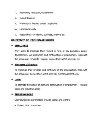 i. Regulatory Institution/Government 
ii. Inland Revenue 
iii. Professional bodies, where applicable 
iv. Local community 
v. Researches – academic, business, analysis etc. 
OBJECTIVES OF EACH STAKEHOLDER 
 EMPLOYEES 
They strive to maximize their reward in form of pay packages, career 
development, job satisfaction and continuation of employment. Risks with 
this group are: refusal to relocate, pursue their selfish interest, etc. 
 Managers /Directors 
To maximize their rewards and continuity of the organization. Risks with 
this group are: pursue their selfish interest, mismanagement, etc. 
 Union 
To promote the welfare of staff and continuation of employment – Risk are 
strike and industrial action 
 SHAREHOLDERS 
Ordinary/equity shareholders provide capital and want to 
a. Protect their investment 
 