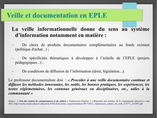 Veille et documentation en EPLE 
La veille informationnelle donne du sens au système 
d’information notamment en matière : 
– De choix de produits documentaires complémentaires au fonds existant 
(politique d'achat...) ; 
– De spécificités thématiques à développer à l’échelle de l’EPLE (projets 
pédagogiques...) ; 
– De conditions de diffusion de l’information (droit, législation...). 
Le professeur documentaliste doit : « Procéder à une veille documentaire continue et 
diffuser les méthodes innovantes, les outils, les bonnes pratiques, les expériences, les 
textes réglementaires, les contenus généraux ou disciplinaires, etc., utiles à la 
communauté » 
Source : « Vers des centres de connaissances et de culture » Vademecum Chapitre 2 « Répondre aux attentes de la communauté éducative » mai 
2012. http://cache.media.eduscol.education.fr/file/Innovation_experimentation/58/7/2012_vademecum_culture_int_web_214771_215587.pdf 
 