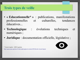 Trois types de veille 
● « Educationnelle* » : publications, manifestations 
professionnelles et culturelles, tendances 
éducatives... 
● Technologique : évolutions techniques et 
numériques ; 
● Juridique : documentation officielle, législative ; 
* Vincent Liquiète – ESPE Aquitaine 
http://gccpa.espe-aquitaine.fr/index.php/equipe-et-contacts/88-fiche-de-vincent-liquete 
 