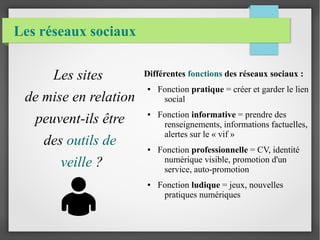 Les réseaux sociaux 
Les sites 
de mise en relation 
peuvent-ils être 
des outils de 
veille ? 
Différentes fonctions des réseaux sociaux : 
● Fonction pratique = créer et garder le lien 
social 
● Fonction informative = prendre des 
renseignements, informations factuelles, 
alertes sur le « vif » 
● Fonction professionnelle = CV, identité 
numérique visible, promotion d'un 
service, auto-promotion 
● Fonction ludique = jeux, nouvelles 
pratiques numériques 
 