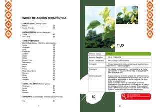 ÍNDICE DE ACCIÓN TERAPÉUTICA
ANALGÉSICO (Calma el Dolor)
Matico 28
Sauce Amargo 48
ANTIBACTERIAL (elimina bacterias)
Salvia 47
Vira - Vira 54
ANTIESPASMÓDICO
(Combate dolores y calambres estomacales)
Ajenjo 02
Albahaca 03
Anís 06
Bailahuen 08
Cedrón 12
Culén 16
Hinojo 21
Linaza / Lino 23
Manzanilla 27
Menta 29
Molle 30
Paico 35
Rica - Rica / Kore 42
Romero 44
Ruda 46
Salvia 47
Verbena 53
ANTIFLATULENTO (Reduce gases)
Albahaca 03
Hinojo 21
Menta 29
Romero 44
ANTIGRIPAL (Combate los sintomas de la Influenza)
Tilo 51
7 60
Nombre Común : TILO
Nombre Científico : TILIA CORDATA
Acción Terapéutica : ANTITUSIVO, ANTIGRIPAL
Indicación : Para el tratamiento de los síntomas de las afecciones
respiratorias, y estados gripales.
Posología : La infusión se prepara con 1 cucharada de la hierba
para un litro de agua recién hervida: se debe beber 1
taza 3 veces al día.
Contraindicación : Puede potenciar el efecto sedante de antihistamínicos,
barbitúricos, benzodiazepinas y alcohol, por lo que se
aconseja no administrar en forma conjunta. Se debe
evitar su uso excesivo.
Estos productos tienen el carácter de auxiliares
sintomáticos y no reemplazan lo indicado por el médico
en el tratamiento de una enfermedad. Al consultar al
médico, infórmele que está usando esta hierba medicinal.
Evite su preparación en utensilios de aluminio.
TILIA CORDATA
http://www.cepvi.com/medicina/plantas
/tilo.shtml
TILO
50
 