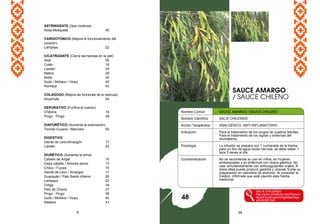 ASTRINGENTE (Que cicatriza)
Rosa Mosqueta 45
CARDIOTÓNICO (Mejora el funcionamiento del
corazón)
Lampayo 22
CICATRIZANTE (Cierra las heridas en la piel)
Aloe 05
Culén 16
Llantén 24
Matico 28
Molle 30
Quilo / Mollaco / Voqui 40
Romaza 43
COLAGOGO (Mejora las funciones de la vesícula)
Alcachofa 04
DEPURATIVO (Purifica el cuerpo)
Chépica 14
Pingo - Pingo 38
DIAFORÉTICO (Aumenta la sudoración)
Toronjil Cuyano / Marrubio 52
DIGESTIVO
Diente de León/Amargón 17
Llantén 24
DIURÉTICO (Aumenta la orina)
Cabello de Ángel 10
Cepa caballo / Amores secos 13
Chilco / Fucsia 15
Diente de León / Amargón 17
Guacayán / Palo Santo chileno 20
Lampayo 22
Ortiga 34
Pelo de Choclo 37
Pingo - Pingo 38
Quilo / Mollaco / Voqui 40
Retamo 41
9 58
Nombre Común : SAUCE AMARGO / SAUCE CHILENO
Nombre Científico : SALIX CHILENSIS
Acción Terapéutica : ANALGÉSICO, ANTI-INFLAMATORIO
Indicación : Para el tratamiento de los singos de cuadros febriles.
Para el tratamiento de los signos y síntomas del
reumatismo.
Posología : La infusión se prepara con 1 cucharada de la hierba
para un litro de agua recién hervida: se debe beber 1
taza 3 veces al día.
Contraindicación : No se recomienda su uso en niños, en mujeres
embarazadas y en enfermos con úlcera gástrica. No
usar simultáneamente con anticoagulantes orales. A
dosis altas puede producir gastritis y úlceras. Evitar su
preparación en utensilios de aluminio. Al consultar al
médico, infórmele que está usando esta hierba
medicinal.
SALIX CHILENSIS
http://www.chileflora.com/Florach
ilena/FloraEnglish/HighResPage
s/EH0392.htm
SAUCE AMARGO
/ SAUCE CHILENO
48
 