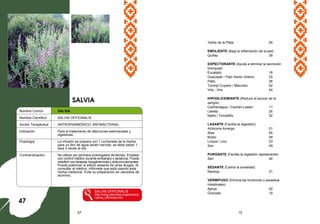 Yerba de la Plata 55
EMOLIENTE (Baja la inflamación de la piel)
Quillay 39
EXPECTORANTE (Ayuda a eliminar la secreción
bronquial)
Eucalipto 18
Guacayán / Palo Santo chileno 20
Palto 36
Toronjil Cuyano / Marrubio 52
Vira - Vira 54
HIPOGLICEMIANTE (Reduce el azúcar de la
sangre)
Cachanlagua / Cachan-Lawen 11
Llareta 25
Natre / Tomatilllo 32
LAXANTE (Facilita la digestión)
Achicoria Amarga 01
Aloe 05
Boldo 09
Linaza / Lino 23
Sen 49
PURGANTE (Facilita la digestión rapidamente)
Sen 49
SEDANTE (Calma la ansiedad)
Naranjo 31
VERMIFUGO (Elimina las lombrices o parasitos
intestinales)
Ajenjo 02
Granada 19
57 10
Nombre Común : SALVIA
Nombre Científico : SALVIA OFFICINALIS
Acción Terapéutica : ANTIESPASMÓDICO, ANTIBACTERIAL
Indicación : Para el tratamiento de afecciones estomacales y
digestivas.
Posología : La infusión se prepara con 1 cucharada de la hierba
para un litro de agua recién hervida: se debe beber 1
taza 3 veces al día.
Contraindicación : No utilizar por periodos prolongados de tiempo. Emplear
con control médico durante embarazo y lactancia. Puede
interferir con terapias hipoglicémicas y anticonvulsivantes.
Puede potenciar el efecto sedante de otras drogas. Al
consultar al médico, infórmele que está usando esta
hierba medicinal. Evite su preparación en utensilios de
aluminio.
SALVIA OFFICINALIS
http://luirig.altervista.org/photos/s
/salvia_officinalis.htm
SALVIA
47
 