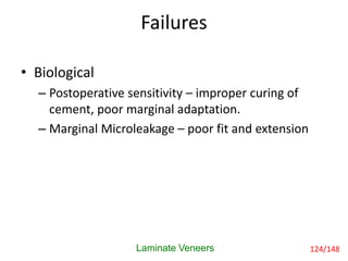 Failures
Laminate Veneers 124/148
• Biological
– Postoperative sensitivity – improper curing of
cement, poor marginal adaptation.
– Marginal Microleakage – poor fit and extension
 