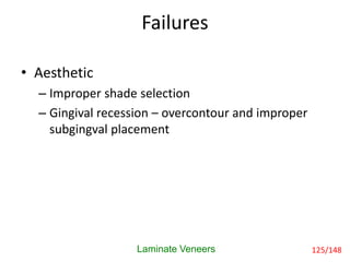 Failures
Laminate Veneers 125/148
• Aesthetic
– Improper shade selection
– Gingival recession – overcontour and improper
subgingval placement
 