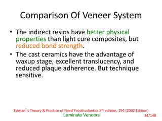 Comparison Of Veneer System
• The indirect resins have better physical
properties than light cure composites, but
reduced bond strength.
• The cast ceramics have the advantage of
waxup stage, excellent translucency, and
reduced plaque adherence. But technique
sensitive.
Laminate Veneers
Tylman’s Theory & Practice of Fixed Prosthodontics 8th edition, 194 (2002 Edition)
34/148
 