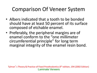 Comparison Of Veneer System
• Albers indicated that a tooth to be bonded
should have at least 50 percent of its surface
composed of etchable enamel.
• Preferably, the peripheral margins are of
enamel conform to the “one millimeter
circumferential principle” for long term
marginal integrity of the enamel resin bond.
Laminate Veneers
Tylman’s Theory & Practice of Fixed Prosthodontics 8th edition, 194 (2002 Edition)
 