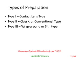 Types of Preparation
• Type I – Contact Lens Type
• Type II – Classic or Conventional Type
• Type III – Wrap-around or ¾th type
Laminate Veneers
V Rangarajan, Textbook Of Prosthodontics, pg 715-719
55/148
 