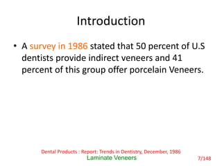 Introduction
• A survey in 1986 stated that 50 percent of U.S
dentists provide indirect veneers and 41
percent of this group offer porcelain Veneers.
Laminate Veneers
Dental Products : Report: Trends in Dentistry, December, 1986
7/148
 
