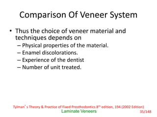Comparison Of Veneer System
• Thus the choice of veneer material and
techniques depends on
– Physical properties of the ma...