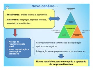 Novo cenário...
Acompanhamento sistemático da legislação
aplicada ao negócio
Integração entre projetos e estudos ambientais
 Inicialmente: análise técnica e econômica
 Atualmente: integração aspectos técnicos,
econômicos e ambientais
 Avanço da
regulamentação
legal
 Maior organização e
cobrança da
sociedade
Novos requisitos para concepção e operação
de empreendimentos
 