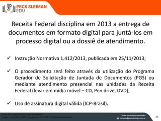 Receita Federal disciplina em 2013 a entrega de
documentos em formato digital para juntá-los em
processo digital ou a dossiê de atendimento.
Fonte: CNJ disponível em http://bit.ly/Iahr9l
Imagem: http://bit.ly/IlBFZt acessado em 31.07.2015 (finalidade educacional)
 Instrução Normativa 1.412/2013, publicada em 25/11/2013;
 O procedimento será feito através da utilização do Programa
Gerador de Solicitação de Juntada de Documentos (PGS) ou
mediante atendimento presencial nas unidades da Receita
Federal (levar em mídia móvel – CD, Pen drive, DVD);
 Uso de assinatura digital válida (ICP-Brasil).
29
 
