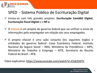  Iniciou-se com três grandes projetos: Escrituração Contábil Digital,
Escrituração Fiscal Digital e a NF-e
 O eSocial é um projeto do governo federal que vai unificar o envio de
informações pelo empregador em relação aos seus empregados.
 O projeto eSocial é uma ação conjunta dos seguintes órgãos e
entidades do governo federal: Caixa Econômica Federal, Instituto
Nacional do Seguro Social – INSS, Ministério da Previdência – MPS,
Ministério do Trabalho e Emprego – MTE, Secretaria da Receita
Federal do Brasil – RFB.
Vídeo explicativo: https://www.youtube.com/watch?v=JCtdj3StKTc
Fonte: ESOCIAL disponível www.esocial.gov.br acessado em 31.07.2015 (finalidade educacional)
SPED - Sistema Público de Escrituração Digital
31
 