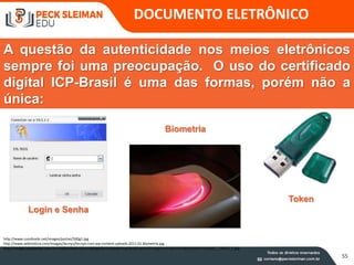 55
A questão da autenticidade nos meios eletrônicos
sempre foi uma preocupação. O uso do certificado
digital ICP-Brasil é uma das formas, porém não a
única:
Login e Senha
http://www.csonlinebr.net/images/portas/500g1.jpg
http://www.wikinoticia.com/images/tecnyo/tecnyo.com.wp-content.uploads.2011.01.Biometria.jpg
http://images.quebarato.com.br/T440x/token+usb+criptografico+padrao+icp+brasil+para+e+cnpj+e+e+cpf+rio+de+janeiro+rj+brasil__7A2CE_1.jpg
Biometria
Token
DOCUMENTO ELETRÔNICO
 
