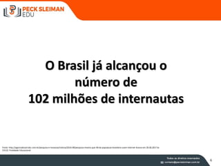 O Brasil já alcançou o
número de
102 milhões de internautas
Fonte: http://agenciabrasil.ebc.com.br/pesquisa-e-inovacao/noticia/2016-09/pesquisa-mostra-que-58-da-populacao-brasileira-usam-internet Acesso em 20.06.2017 às
21h10. Finalidade Educacional
6
 
