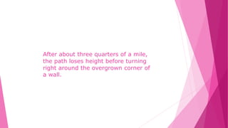 After about three quarters of a mile,
the path loses height before turning
right around the overgrown corner of
a wall.
 