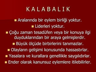 K A L A B A L I K
 Aralarında bir eylem birliği yoktur.
 Liderleri yoktur.
 Çoğu zaman tesadüfen veya bir konuya ilgi
duyduklarından bir araya gelmişlerdir.
 Büyük ölçüde birbirlerini tanımazlar.
 Olayların gelişimi konusunda hassastırlar.
 Yasalara ve kurallara genellikle saygılıdırlar.
 Ender olarak kanunsuz eylemlere itilebilirler.
 