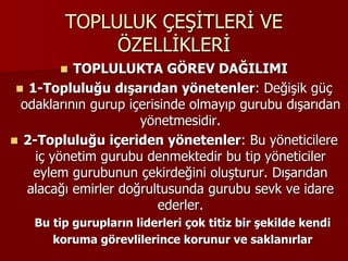 TOPLULUK ÇEŞİTLERİ VE
ÖZELLİKLERİ
 TOPLULUKTA GÖREV DAĞILIMI
 1-Topluluğu dışarıdan yönetenler: Değişik güç
odaklarının gurup içerisinde olmayıp gurubu dışarıdan
yönetmesidir.
 2-Topluluğu içeriden yönetenler: Bu yöneticilere
iç yönetim gurubu denmektedir bu tip yöneticiler
eylem gurubunun çekirdeğini oluşturur. Dışarıdan
alacağı emirler doğrultusunda gurubu sevk ve idare
ederler.
Bu tip gurupların liderleri çok titiz bir şekilde kendi
koruma görevlilerince korunur ve saklanırlar
 