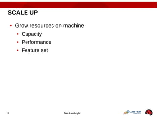 Dan Lambright11
SCALE UP
● Grow resources on machine
● Capacity
● Performance
● Feature set
 