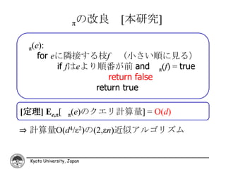 πの改良   [本研究]

  π(e):
     for eに隣接する枝f （小さい順に見る）
          if fはeより順番が前 and π(f) = true
                     return false
                  return true

[定理] Ee,π[         π(e)のクエリ計算量]   = O(d)

⇒ 計算量O(d4/ε2)の(2,εn)近似アルゴリズム


  Kyoto University, Japan
 