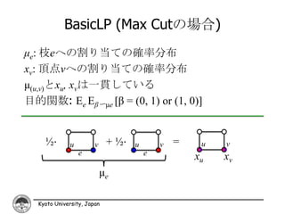 BasicLP (Max Cutの場合)
μe: 枝eへの割り当ての確率分布
xv: 頂点vへの割り当ての確率分布
μ(u,v)とxu, xvは一貫している
目的関数: Ee Eβ〜μe [β = (0, 1) or (1, 0)]


    ½⋅       u         v    + ½⋅   u       v   =    u   v
                 e                     e
                                                   xu   xv
                           μe

  Kyoto University, Japan
 