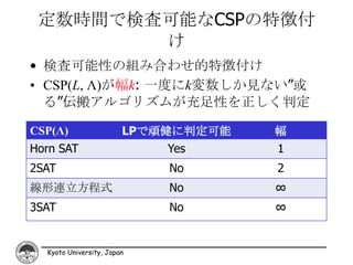 定数時間で検査可能なCSPの特徴付
        け
• 検査可能性の組み合わせ的特徴付け
• CSP(L, Λ)が幅k: 一度にk変数しか見ない”或
  る”伝搬アルゴリズムが充足性を正しく判定

CSP(Λ)                  LPで頑健に判定可能   幅
Horn SAT                     Yes     1
2SAT                        No       2
線形連立方程式                     No       ∞
3SAT                        No       ∞


  Kyoto University, Japan
 
